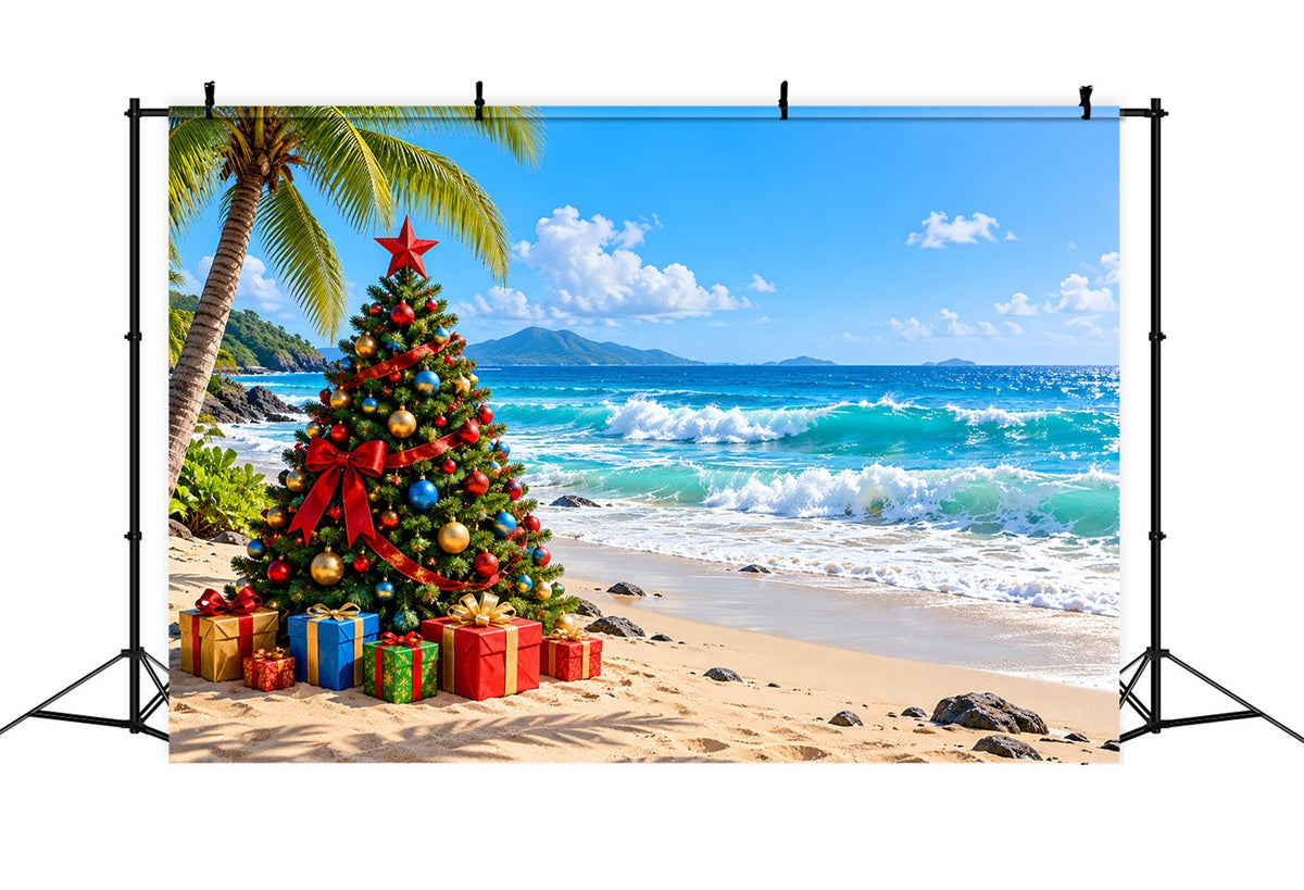 Christmas Tree Backdrops Tropical Beach Holiday Palms Christmas Themed Backdrop UK LXX610-179
