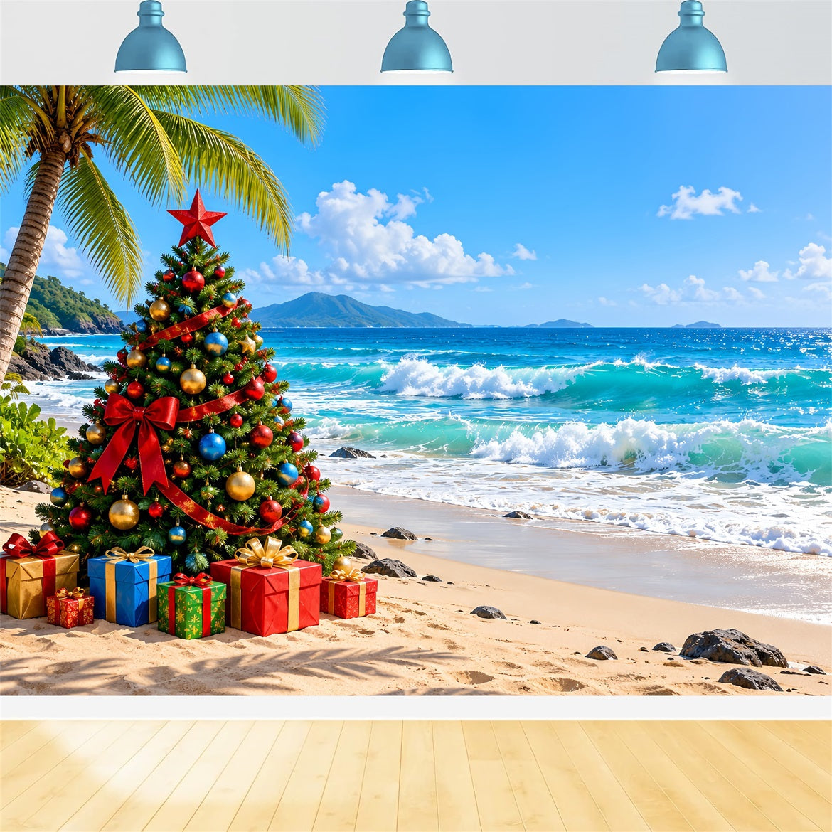 Christmas Tree Backdrops Tropical Beach Holiday Palms Christmas Themed Backdrop UK LXX610-179