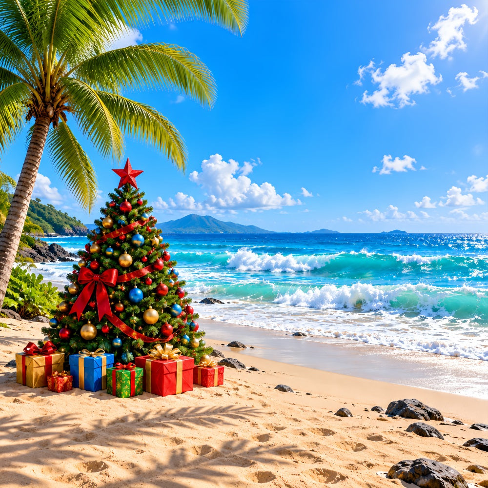 Christmas Tree Backdrops Tropical Beach Holiday Palms Christmas Themed Backdrop UK LXX610-179