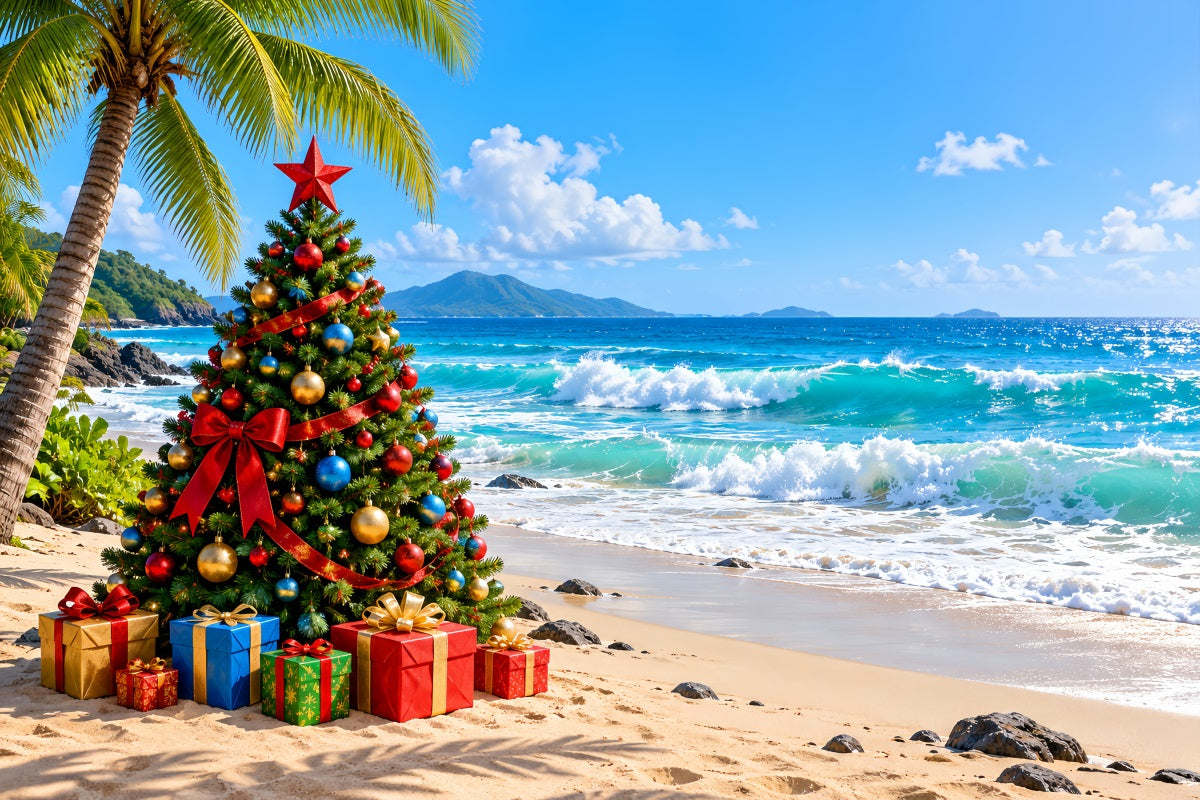 Christmas Tree Backdrops Tropical Beach Holiday Palms Christmas Themed Backdrop UK LXX610-179