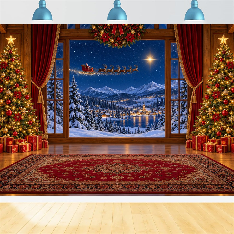 Santa Backdrop Window Sleigh Winter Village Christmas Scene Backdrops UK LXX610-183