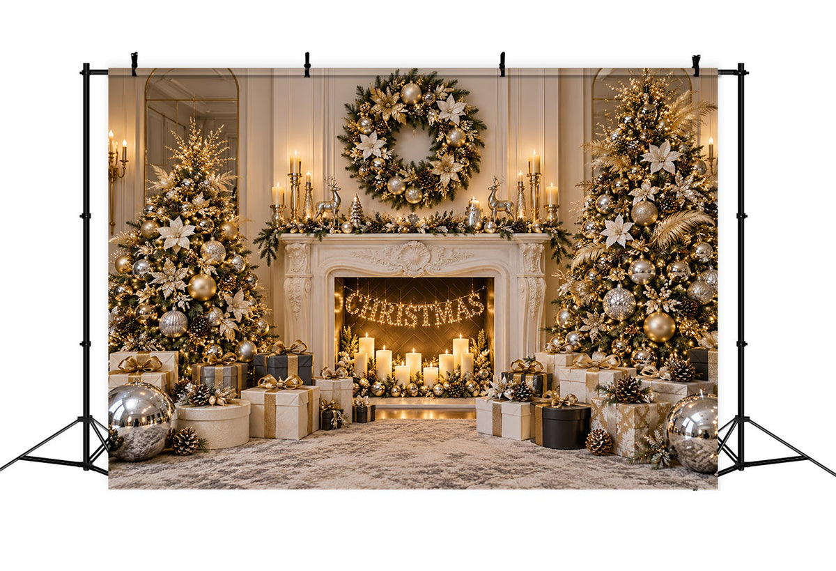 Christmas Photo Backdrop Ivory Gold Fireplace Elegance Christmas Backdrop for Photoshoot UK LXX610-184
