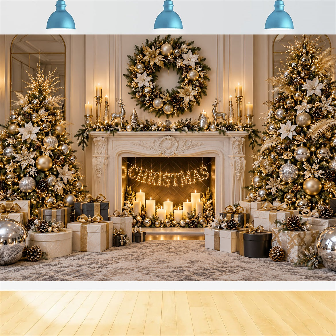Christmas Photo Backdrop Ivory Gold Fireplace Elegance Christmas Backdrop for Photoshoot UK LXX610-184