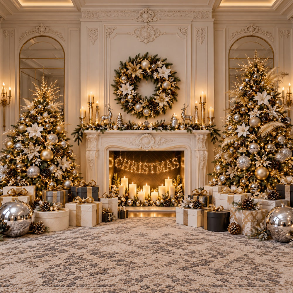 Christmas Photo Backdrop Ivory Gold Fireplace Elegance Christmas Backdrop for Photoshoot UK LXX610-184