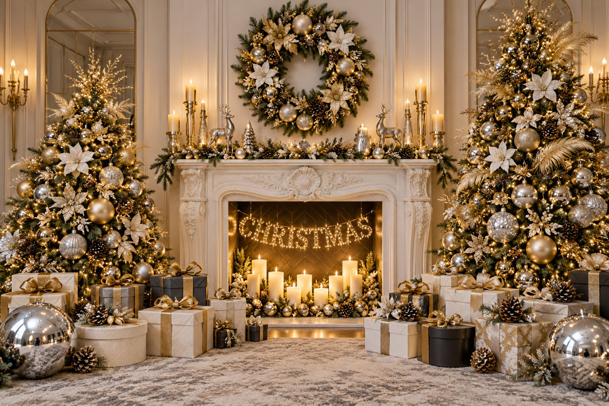 Christmas Photo Backdrop Ivory Gold Fireplace Elegance Christmas Backdrop for Photoshoot UK LXX610-184