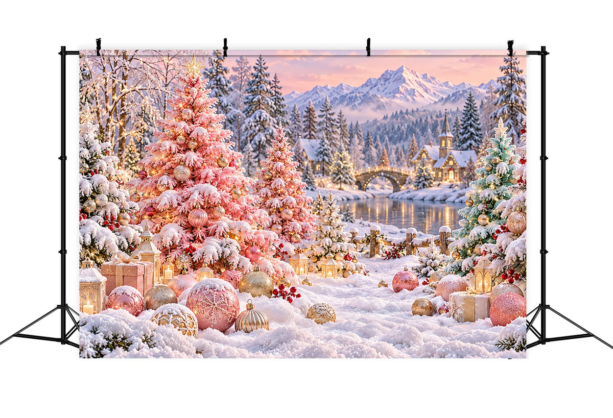 Christmas Tree Backdrops Blush Pink Snowy Village Christmas Stage Backdrop UK LXX610-185