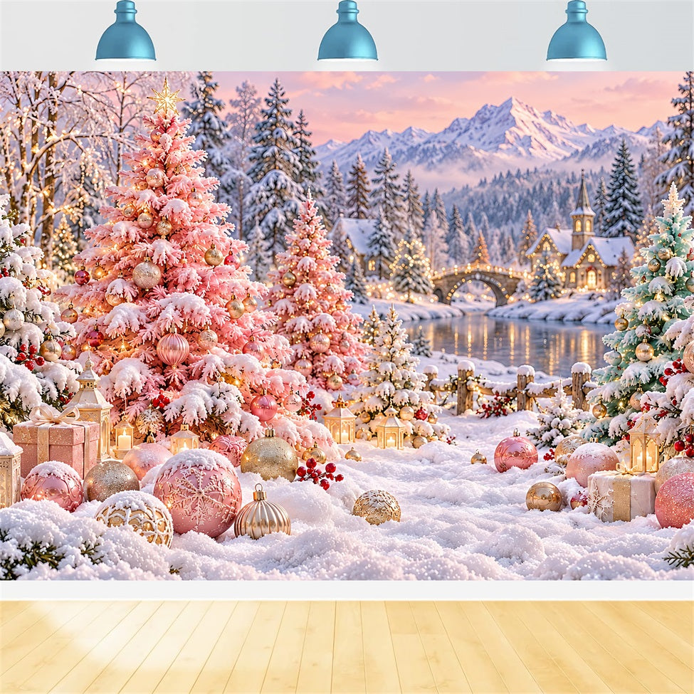 Christmas Tree Backdrops Blush Pink Snowy Village Christmas Stage Backdrop UK LXX610-185