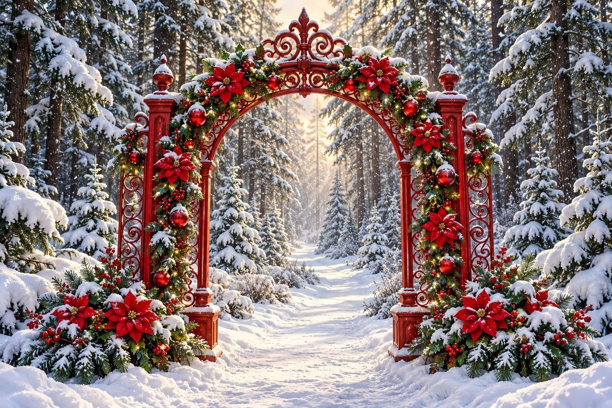 Snowy Christmas Backdrop Red Poinsettia Forest Arch Christmas Studio Backdrop UK LXX610-187