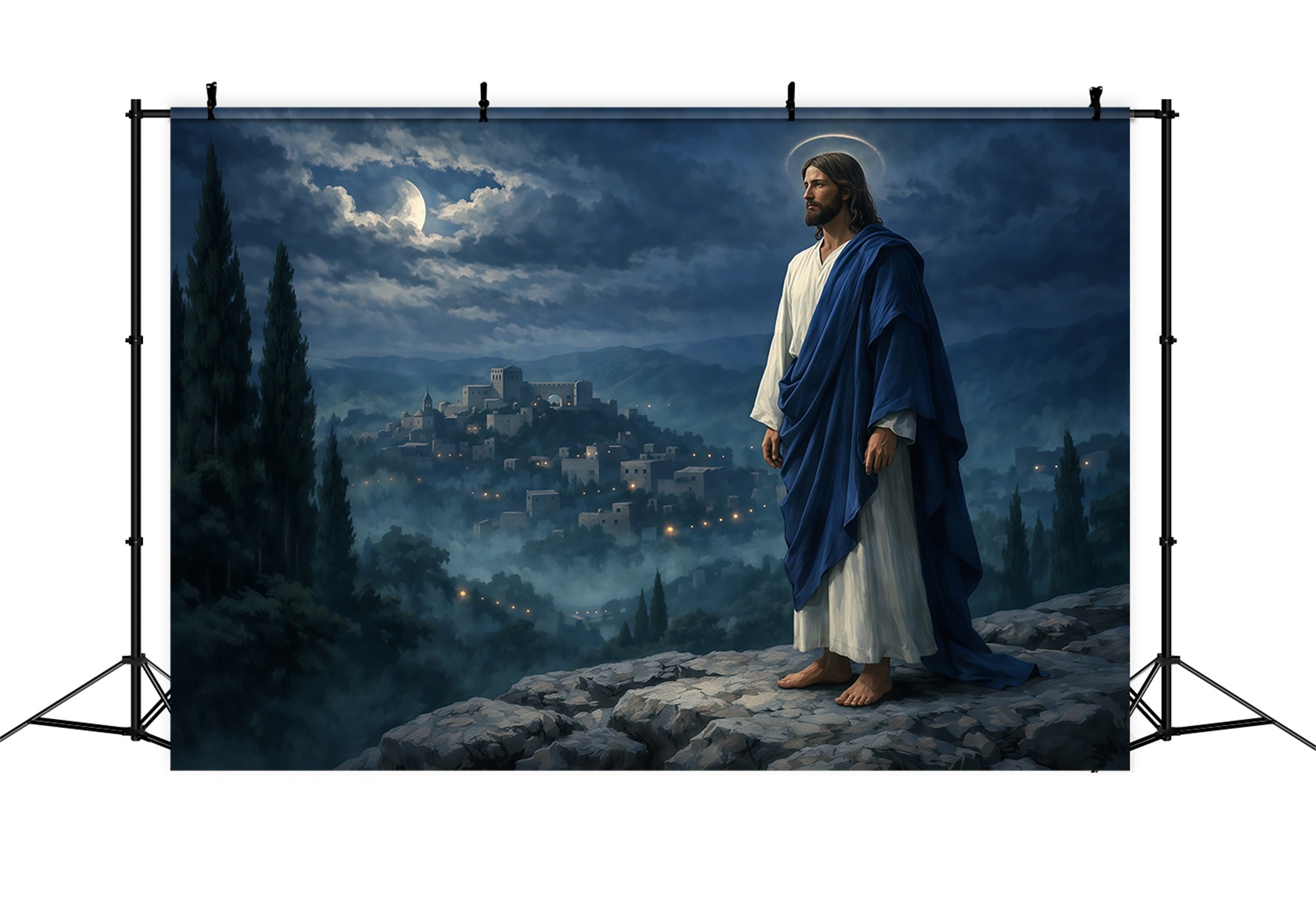 Church Easter Photo Backdrop Moonlit Messiah Mountain Village Easter Backdrop UK LXX62-32