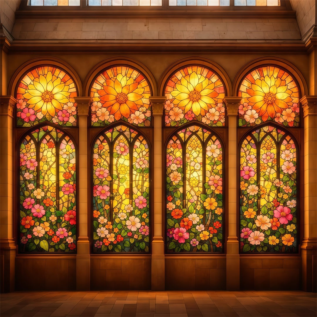 Stained Glass Backdrop Golden Floral Cathedral Windows Easter Photo Backdrop UK LXX62-33