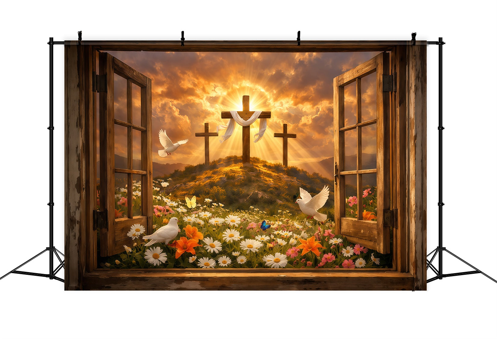 Easter Church Backdrop Resurrection Hill Sunrise Open Window Easter Photo Backdrops UK LXX62-37