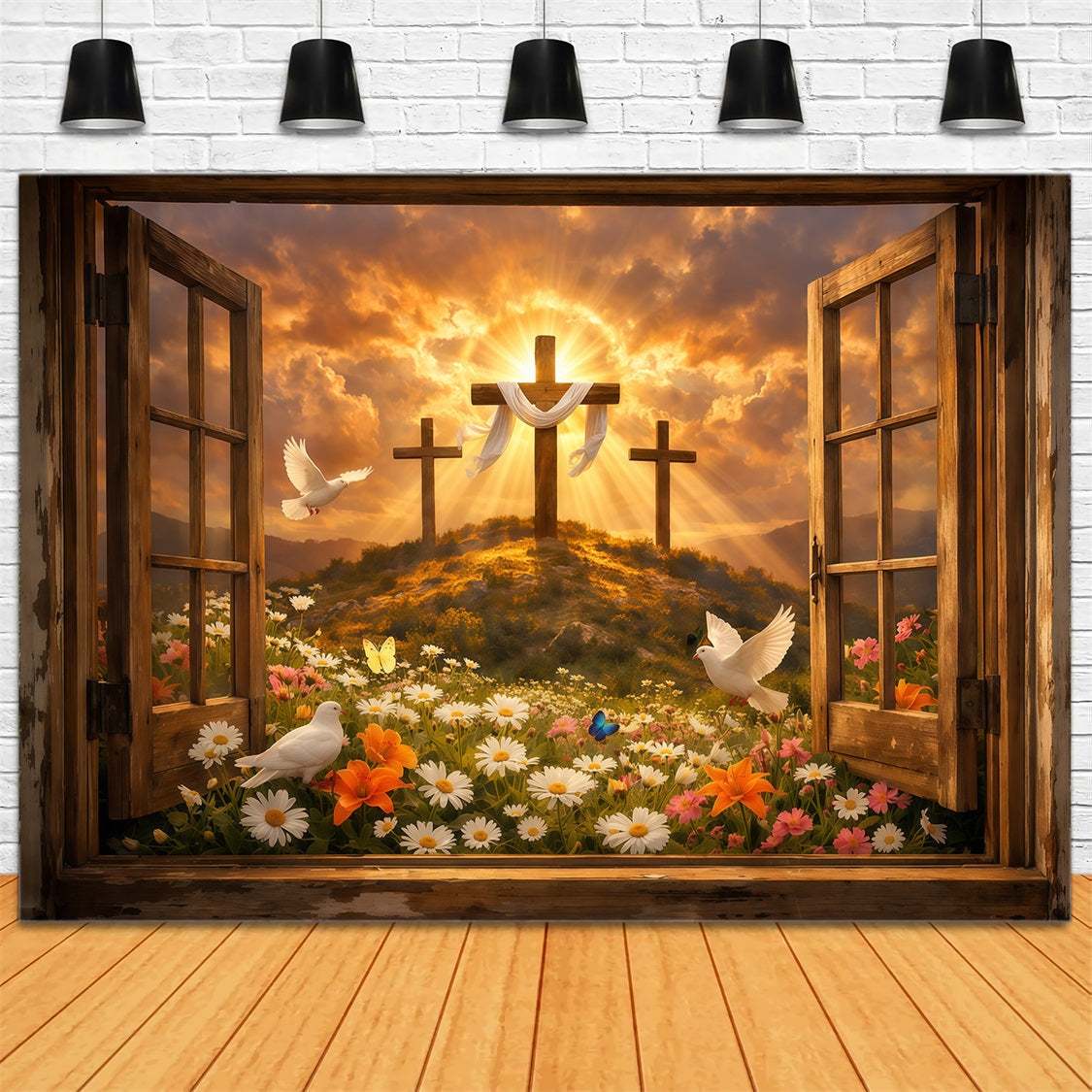 Easter Church Backdrop Resurrection Hill Sunrise Open Window Easter Photo Backdrops UK LXX62-37