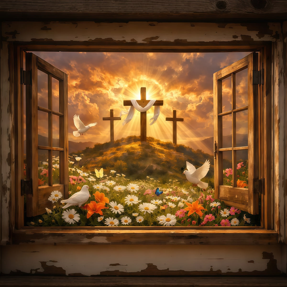 Easter Church Backdrop Resurrection Hill Sunrise Open Window Easter Photo Backdrops UK LXX62-37