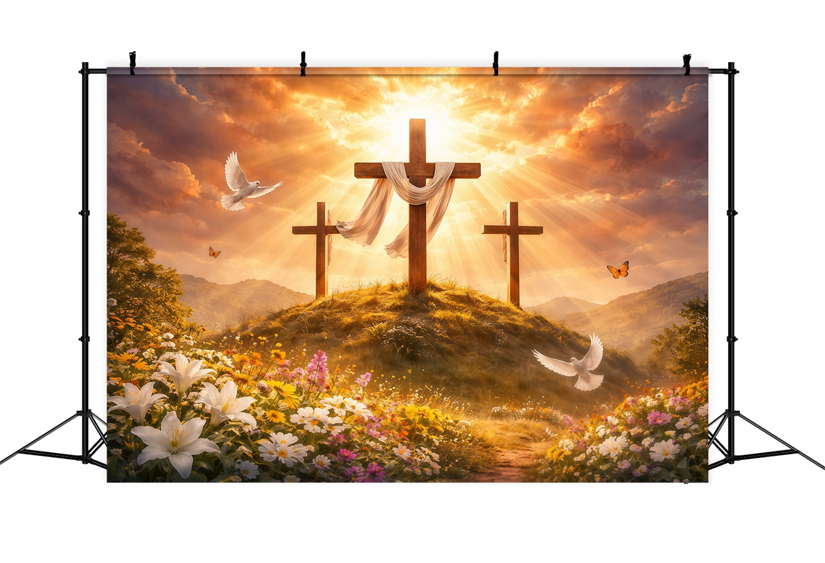 Easter Church Backdrop Golden Glory Three Crosses Meadow Easter Photo Backdrops UK LXX62-38