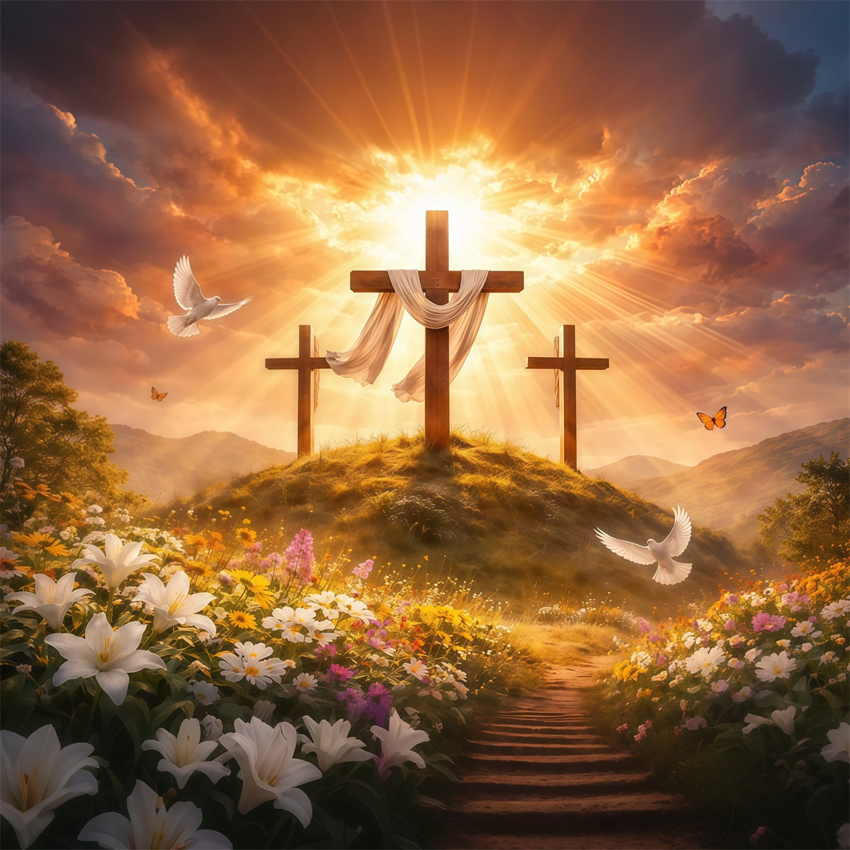 Easter Church Backdrop Golden Glory Three Crosses Meadow Easter Photo Backdrops UK LXX62-38