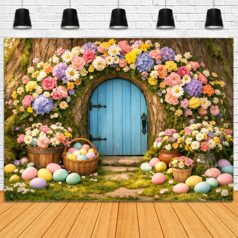 Easter Eggs Backdrop Pastel Floral Tree Doorway Easter Backdrop For Photos UK LXX62-49