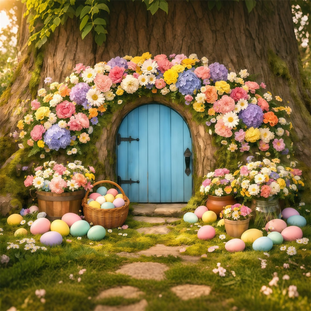 Easter Eggs Backdrop Pastel Floral Tree Doorway Easter Backdrop For Photos UK LXX62-49