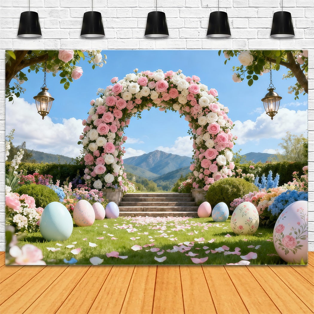 Egg Backdrop Romantic Garden Rose Arch Mountain Landscape Backdrop Easter UK LXX62-50