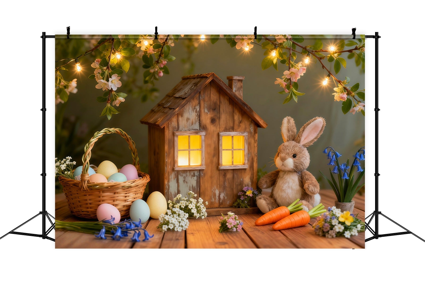 Easter Bunny Backdrop For Photos Rustic Cottage Lights Egg Backdrop For Easter UK LXX62-51