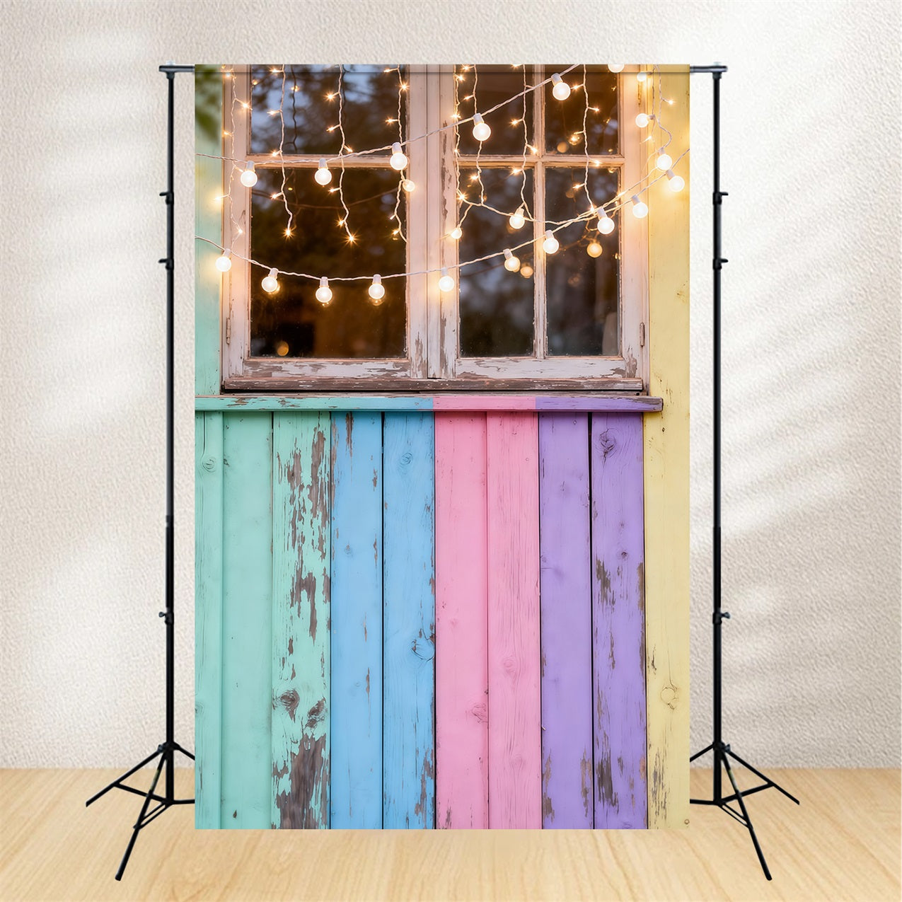 Easter Sunday Photo Backdrop Pastel Wooden Window Fairy Lights Easter Photography Backdrop UK LXX62-56