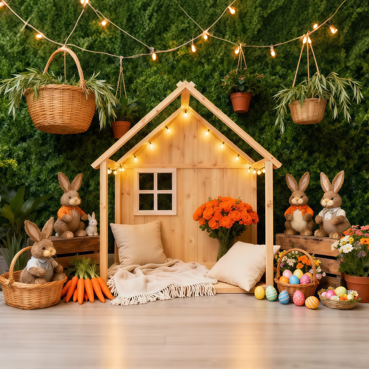 Easter Basket Backdrop Rustic Bunny Cottage Carrot Decor Easter Backdrop For Photography UK LXX62-60