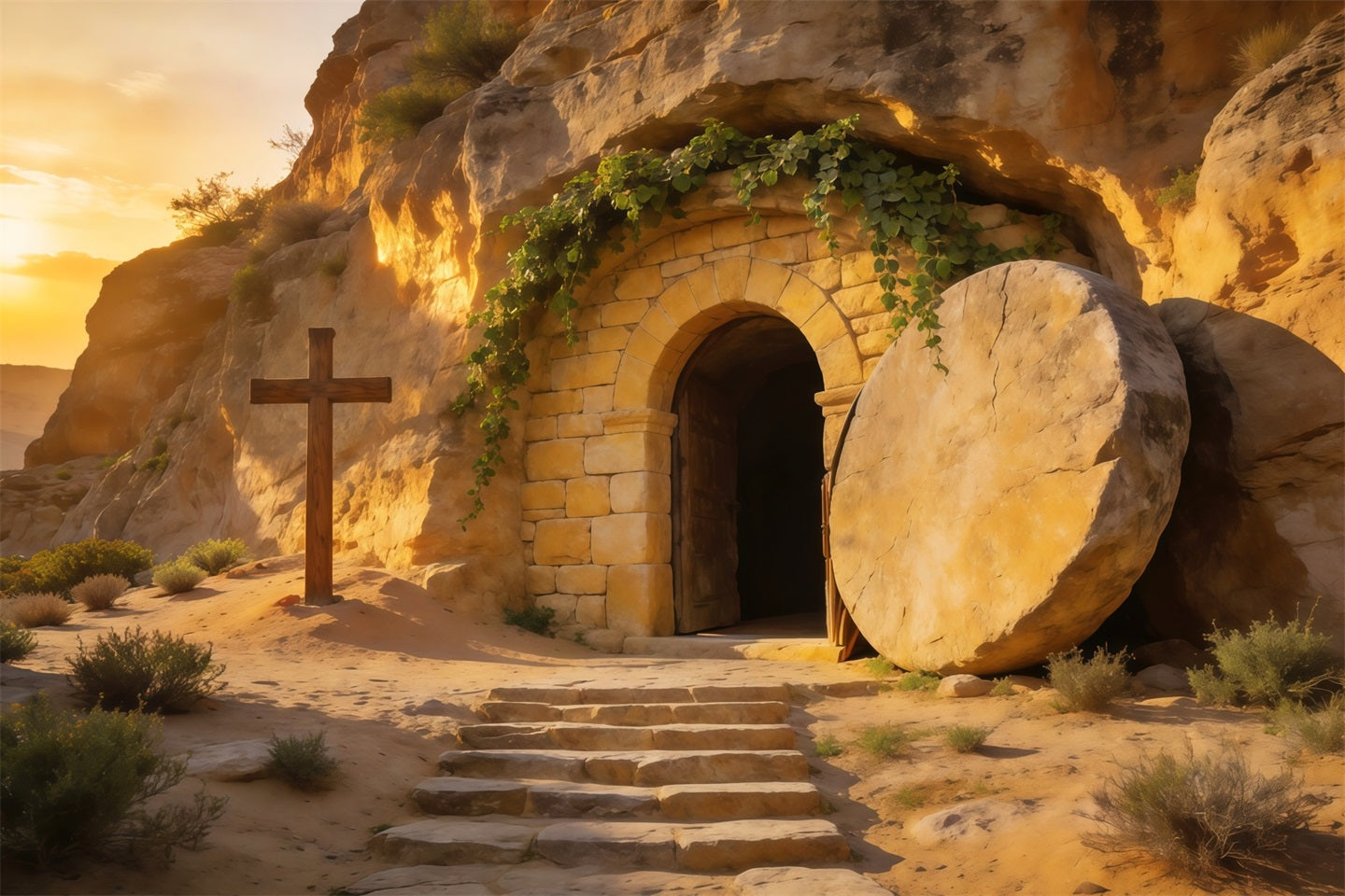 Easter Tomb Backdrop Golden Sunrise Empty Cave Cross Outdoor Easter Backdrop UK LXX62-64