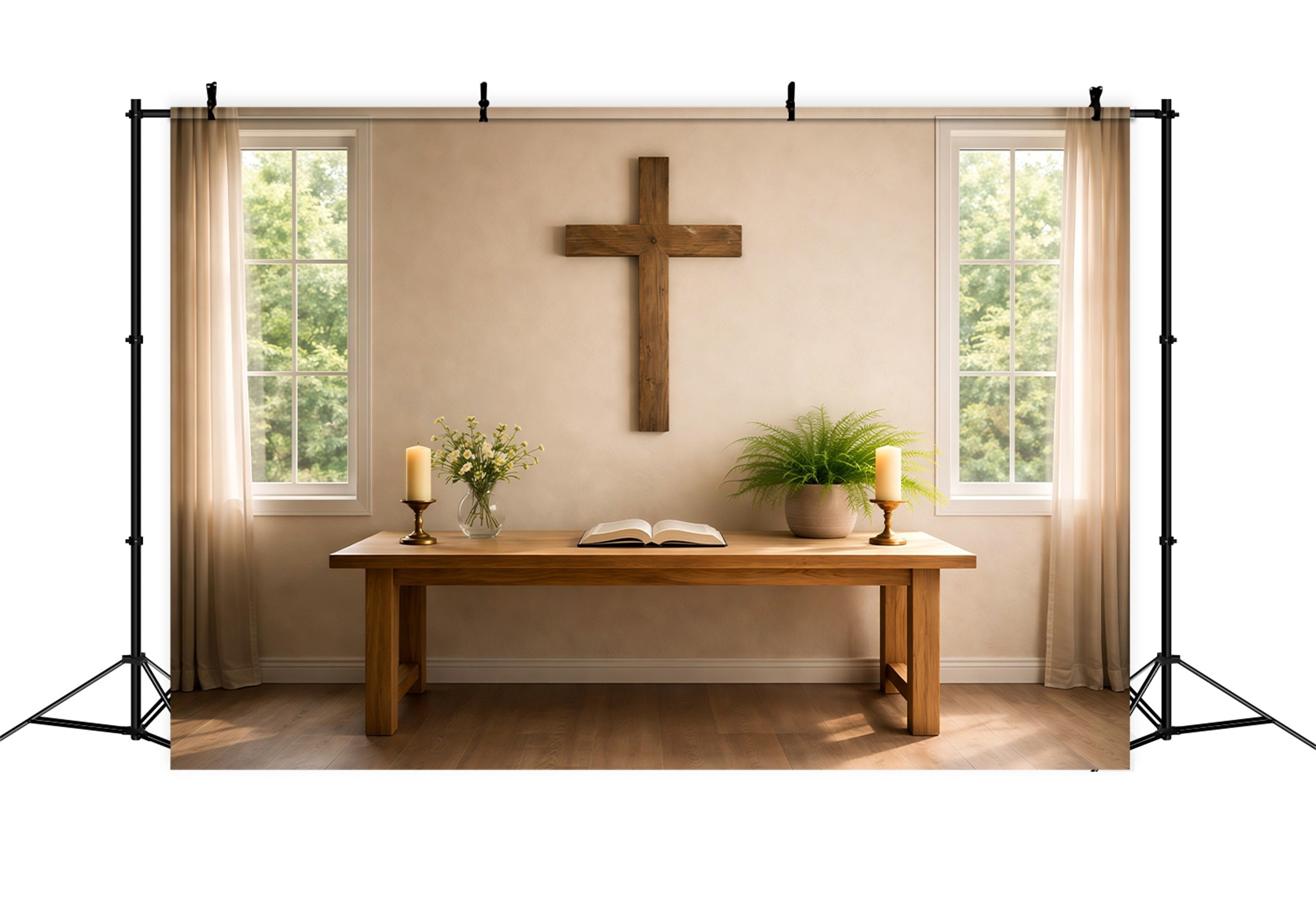 Church Easter Photo Backdrops Minimalist Prayer Table Wooden Cross Backdrops Easter UK LXX62-65