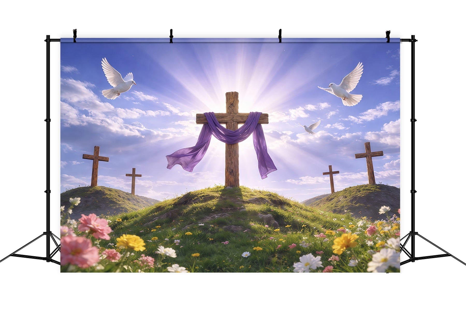 He Has Risen Backdrop Radiant Hilltop Cross Purple Drape Photography Easter Backdrop UK LXX62-67