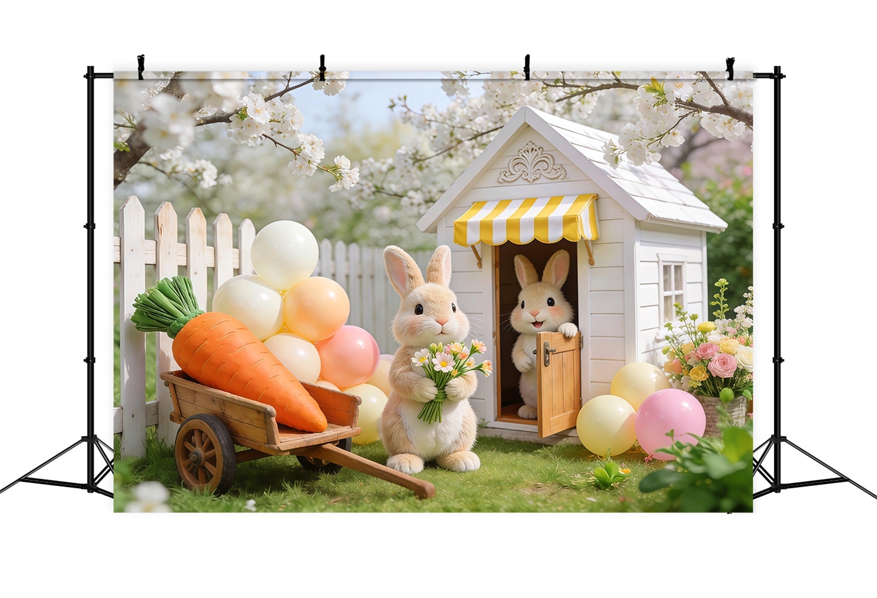 Easter Backdrop With Balloons Cherry Blossom Bunny Garden Cottage Easter Themed Backdrop UK LXX62-68