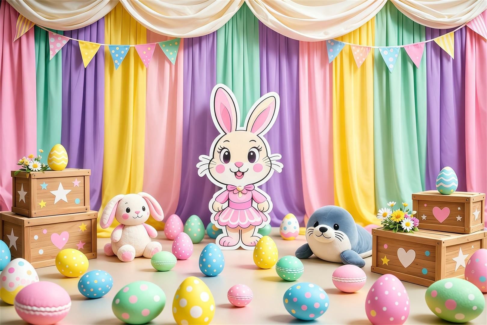 Peter Rabbit Photography Backdrop Pastel Curtain Cartoon Bunny Stage Happy Easter Photo Backdrop UK LXX62-72
