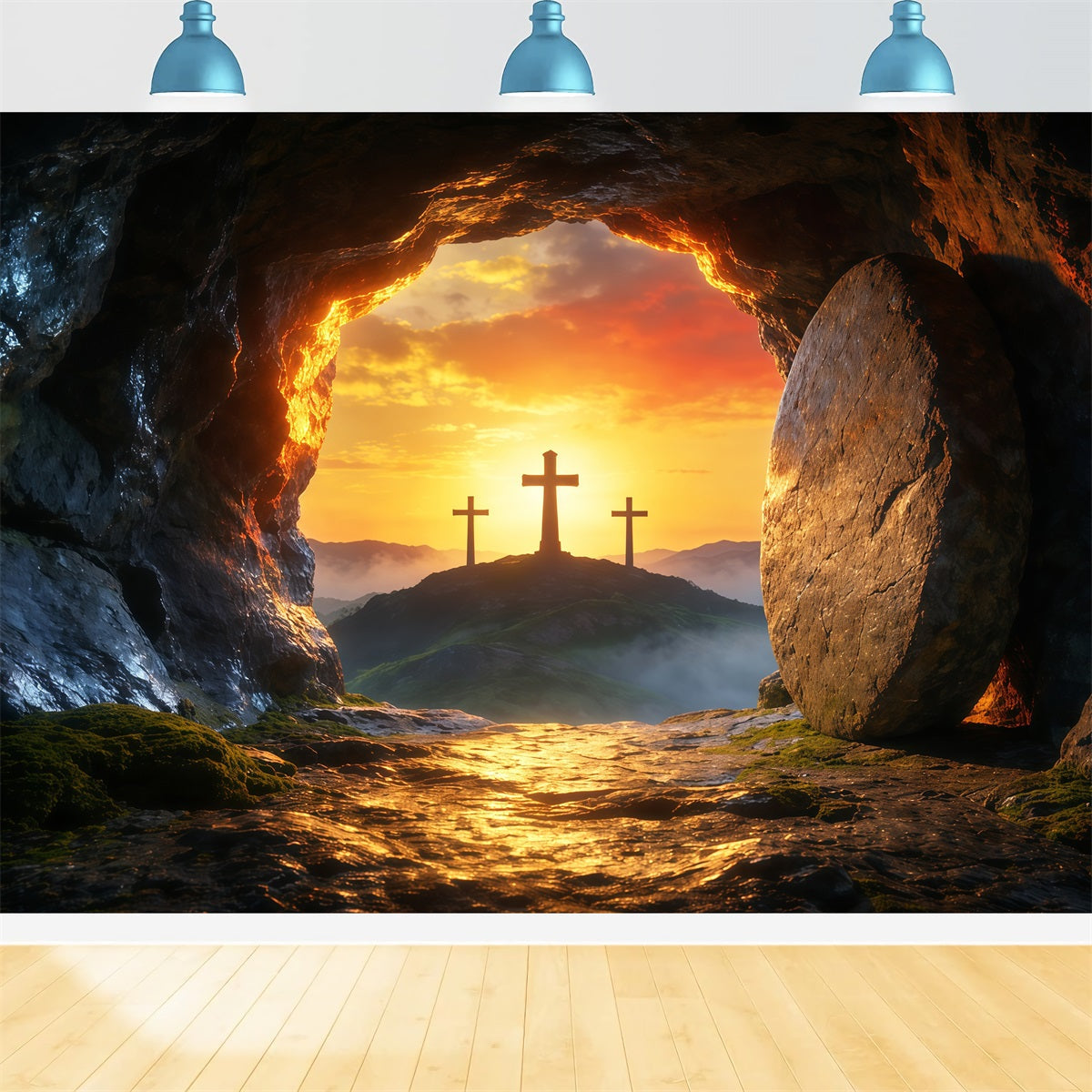 Easter Tomb Backdrops Sunrise Empty Cave Three Crosses Easter Backdrops Ideas UK LXX62-85