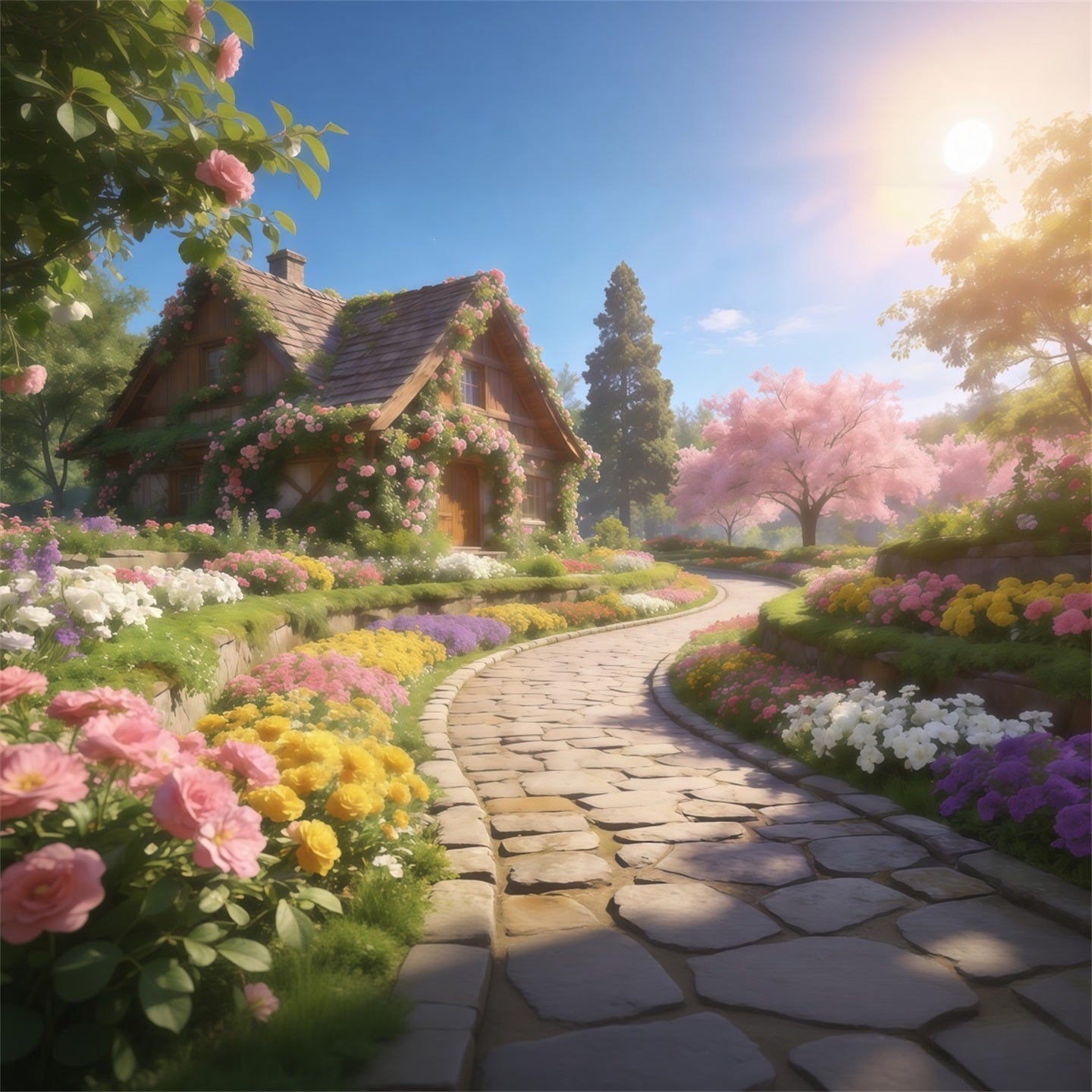 Romantic Cottage Mother's Day Backdrop Spring Flower Path Sunshine Happy Mothers Day Backdrop UK LXX63-15