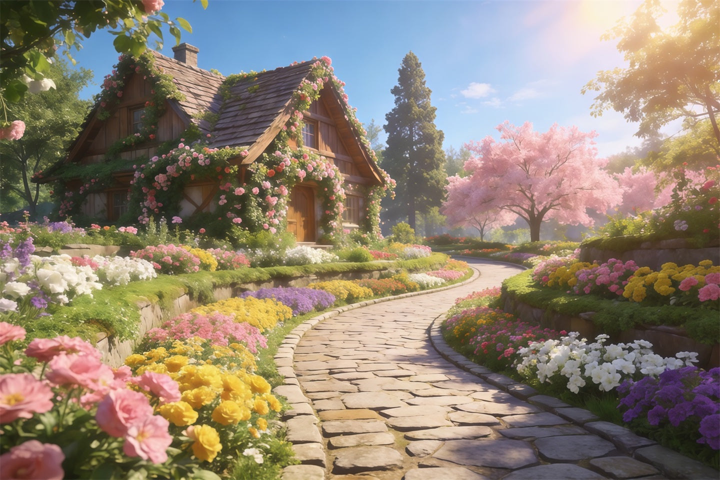 Romantic Cottage Mother's Day Backdrop Spring Flower Path Sunshine Happy Mothers Day Backdrop UK LXX63-15