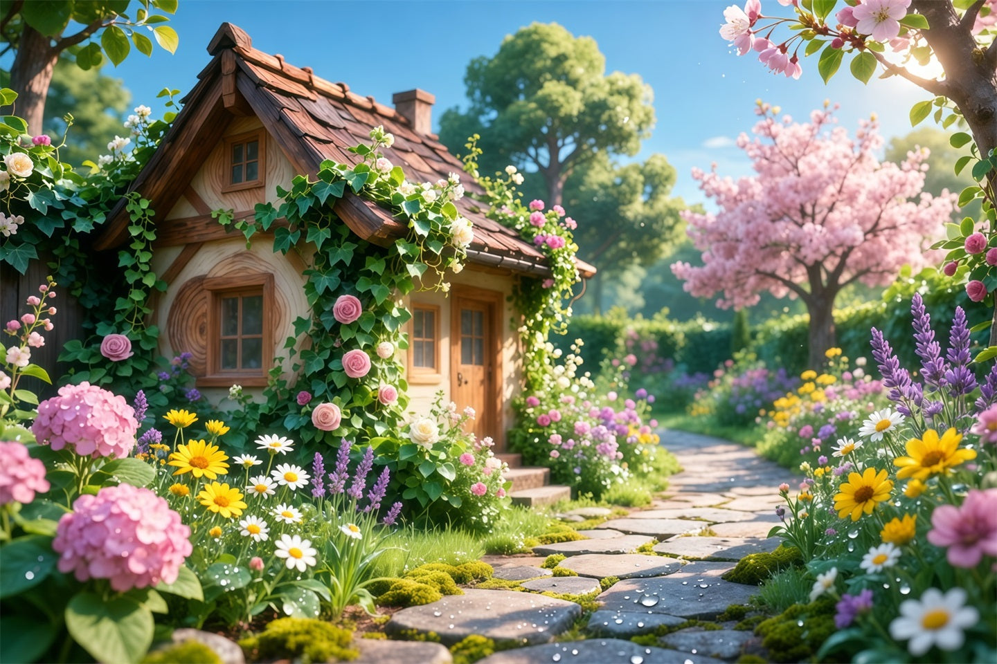Romantic Cottage Mother's Day Backdrop Charming Bloom Stone Path Happy Mothers Day Backdrop UK LXX63-16