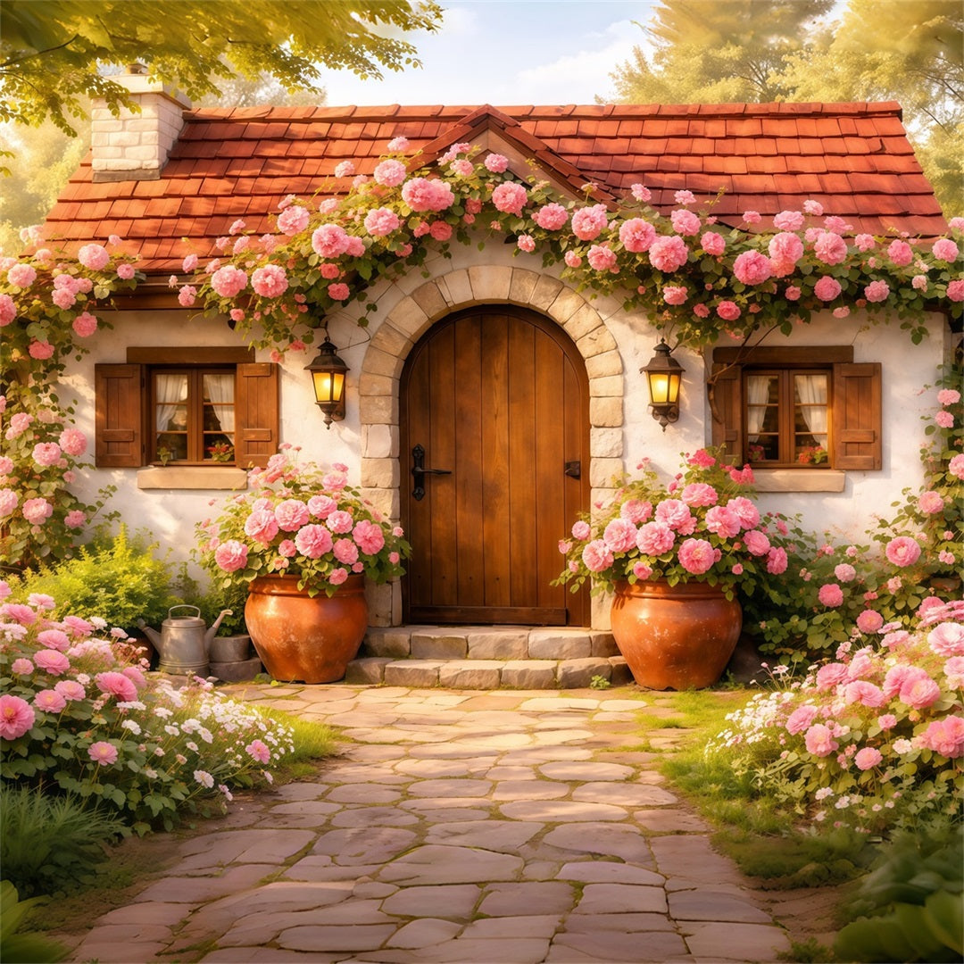 Romantic Cottage Mother's Day Backdrop Rustic Door Rose Bloom Happy Mothers Day Backdrop UK LXX63-17