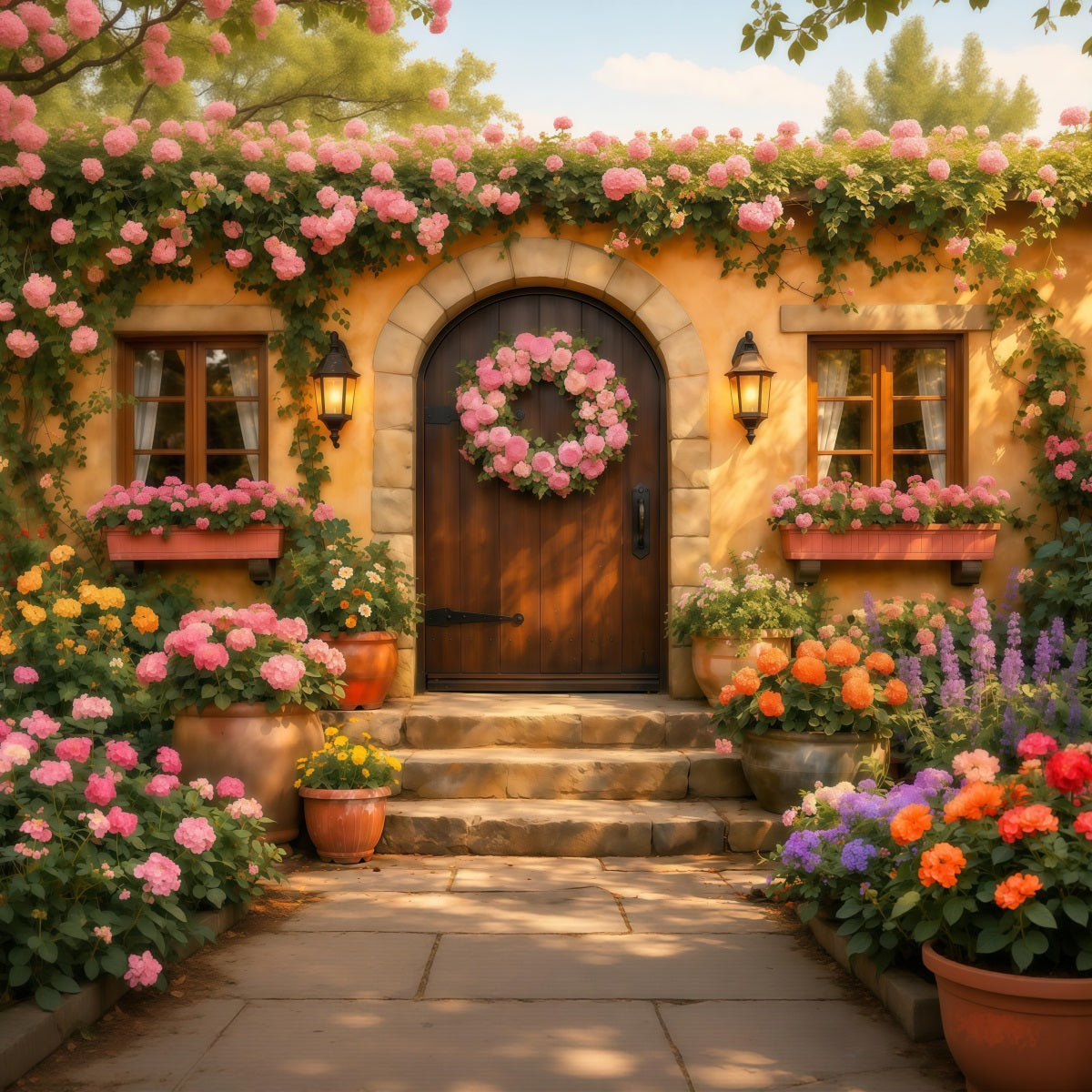 Romantic Cottage Mother's Day Backdrop Floral Wreath Door Lantern Happy Mothers Day Backdrop UK LXX63-18