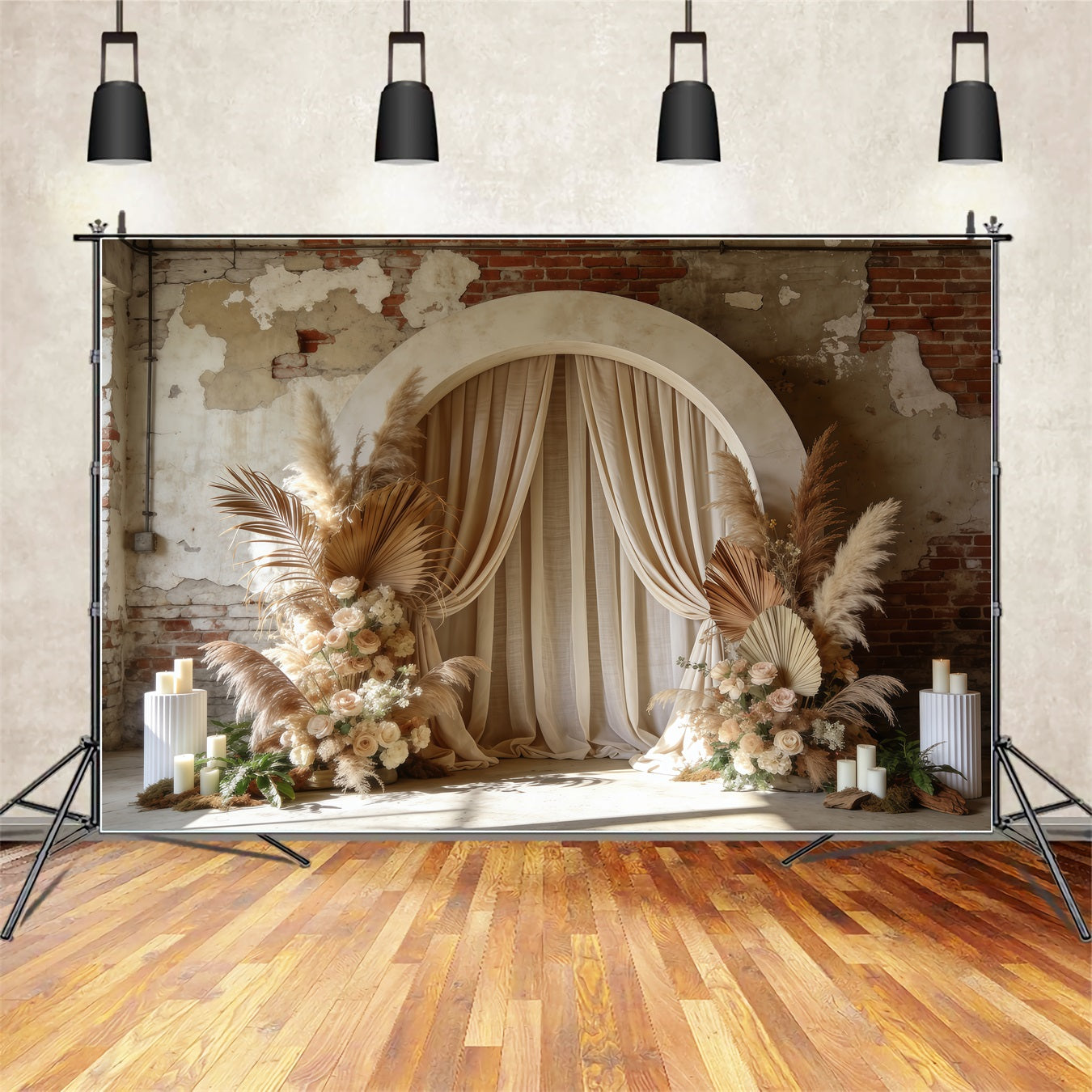 Floral Arch Mother's Day Backdrop Boho Drape Pampas Brick Wall Mothers Day Backdrop Ideas UK LXX63-21