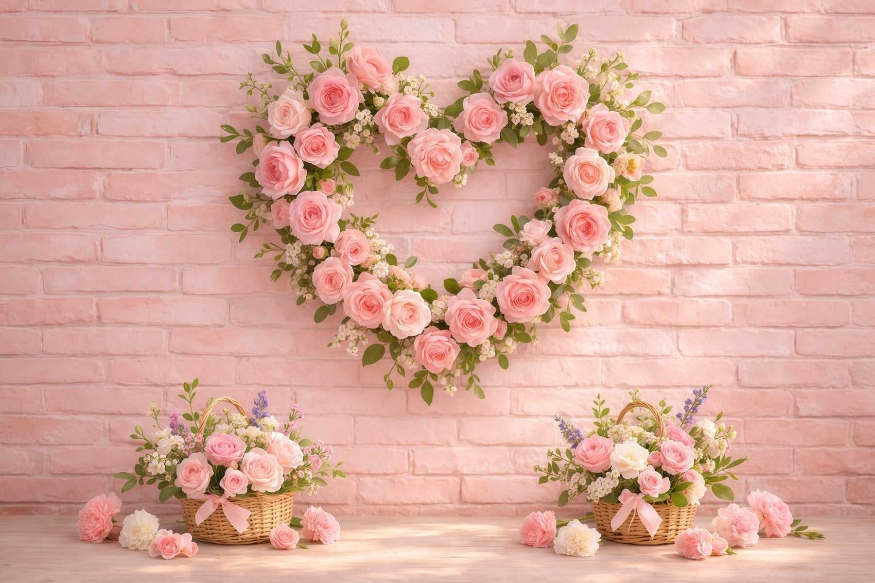 Pink Brick Wall Mother's Day Backdrop Rose Heart Wreath Basket Mother's Day Photo Backdrop Ideas UK LXX63-23
