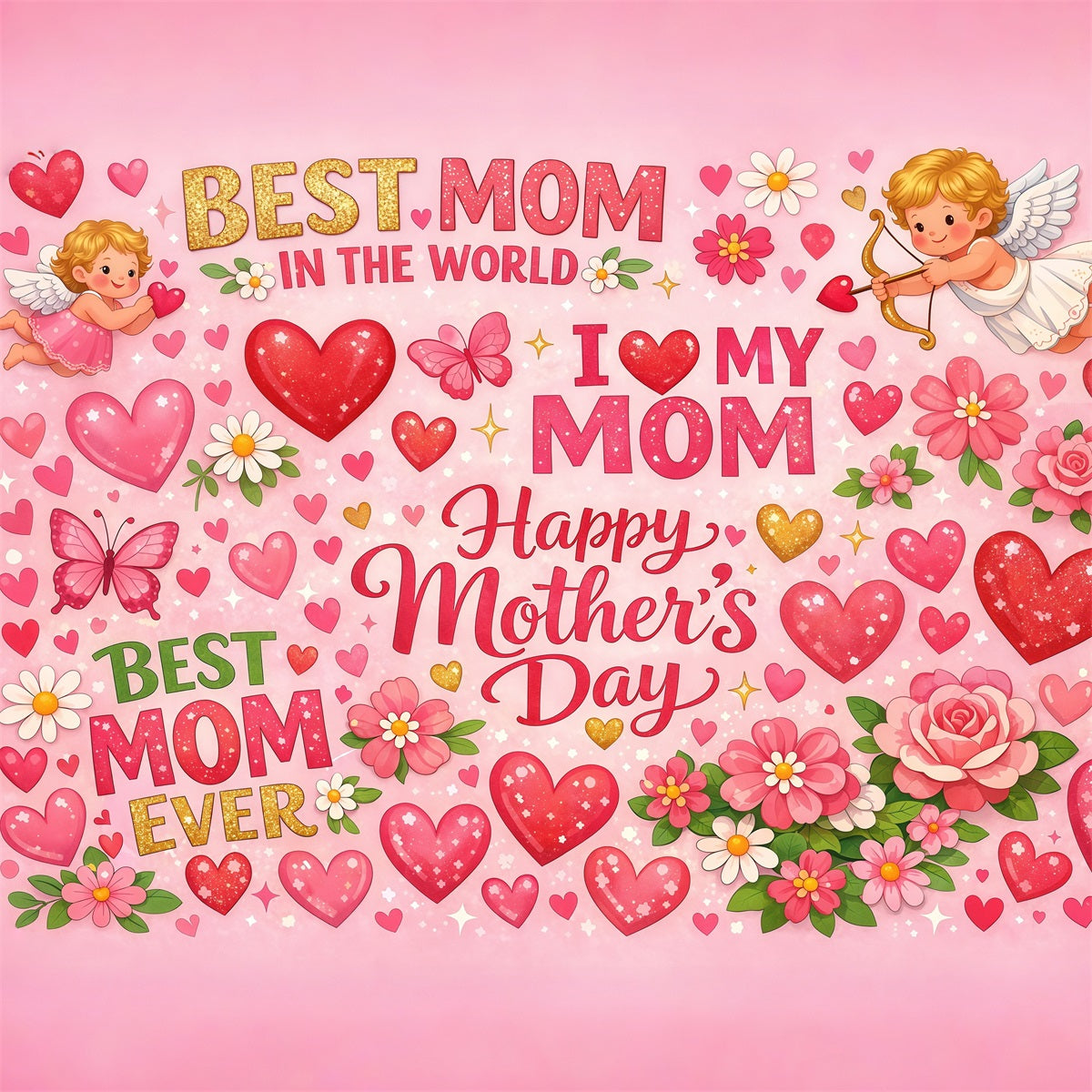 Mom Letters Mother's Day Backdrop Cartoon Love Heart Typography Backdrop For Mother's Day UK LXX63-27