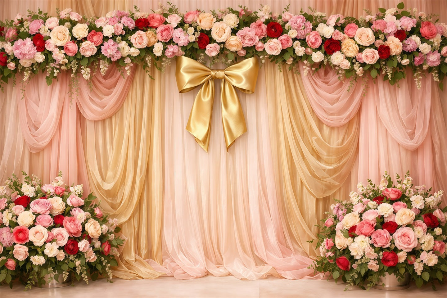 Pink Gold Romance Mother's Day Backdrop Pink Gold Draped Floral Bow Backdrops For Mother's Day UK LXX63-29
