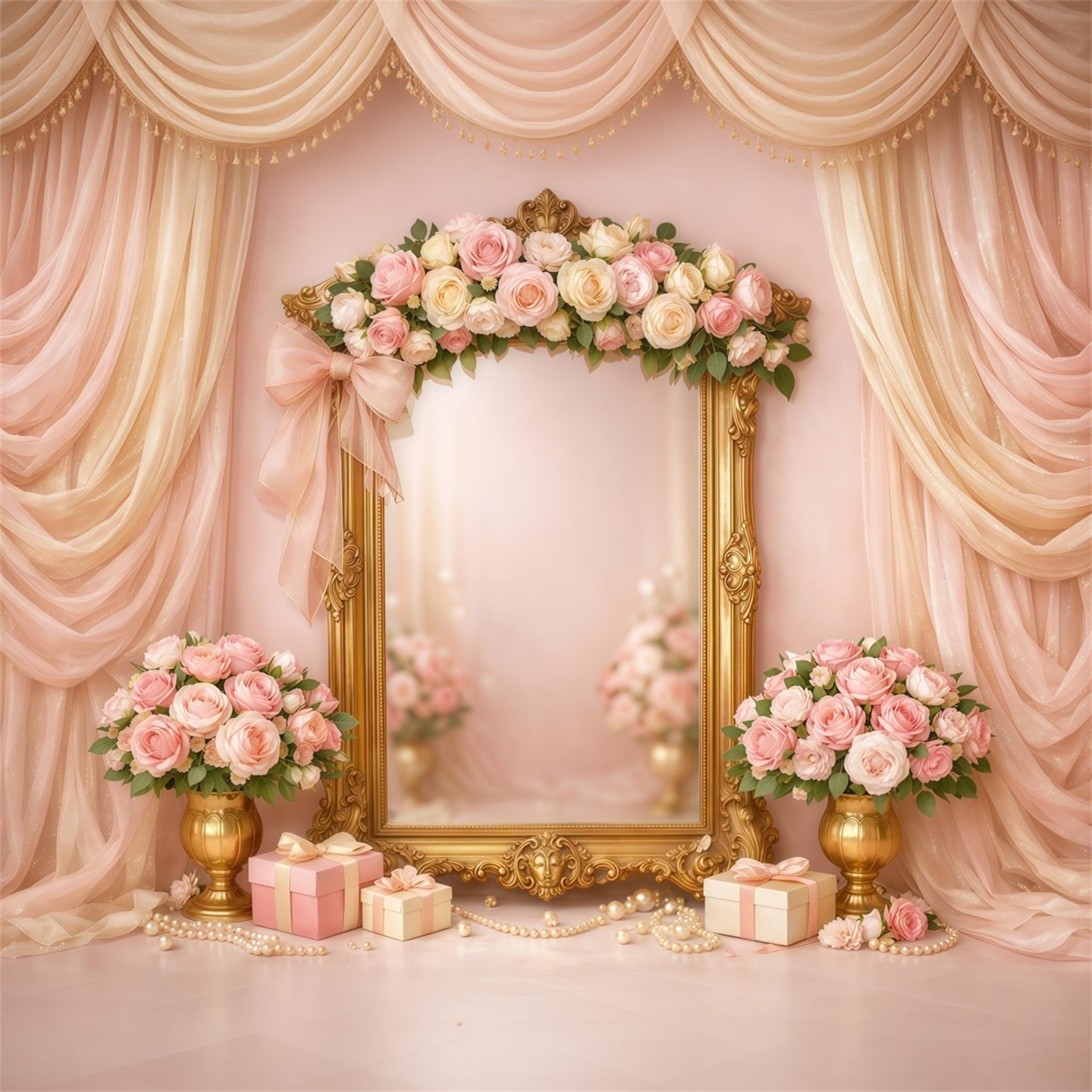 Pink Gold Romance Mother's Day Backdrop Luxury Frame Floral Gift Backdrops For Mother's Day UK LXX63-31
