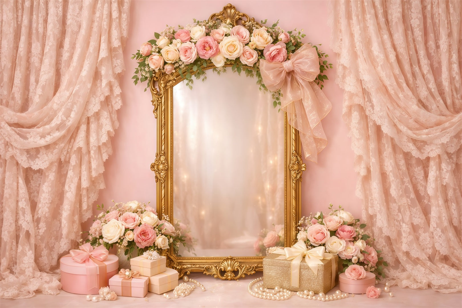 Pink Gold Romance Mother's Day Backdrop Vintage Lace Mirror Floral Gift Backdrops For Mother's Day UK LXX63-32