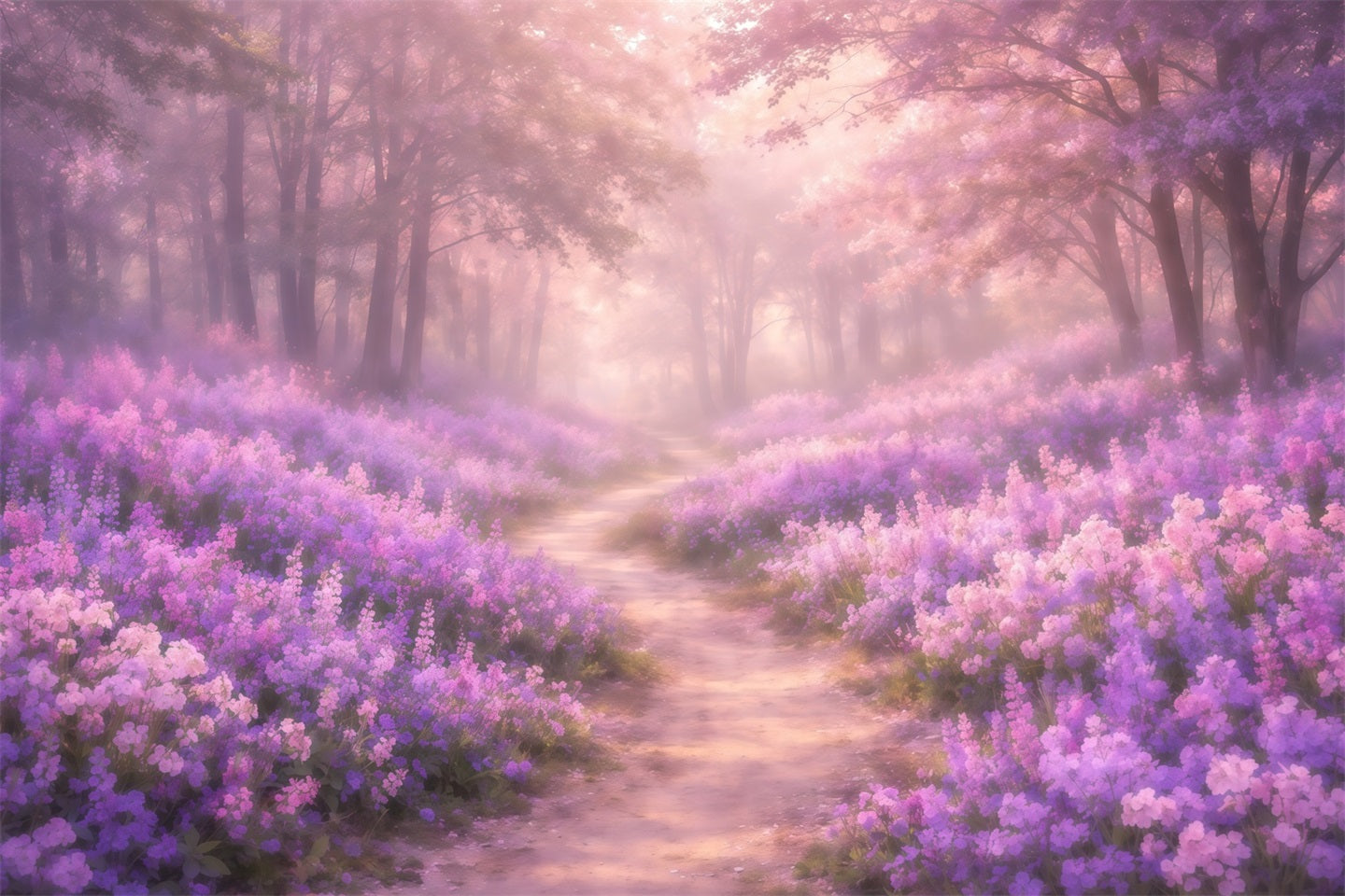 Dreamy Soft Focus Mother's Day Backdrop Purple Blossom Forest Pathway Mother's Day Photo Backdrops UK LXX63-33