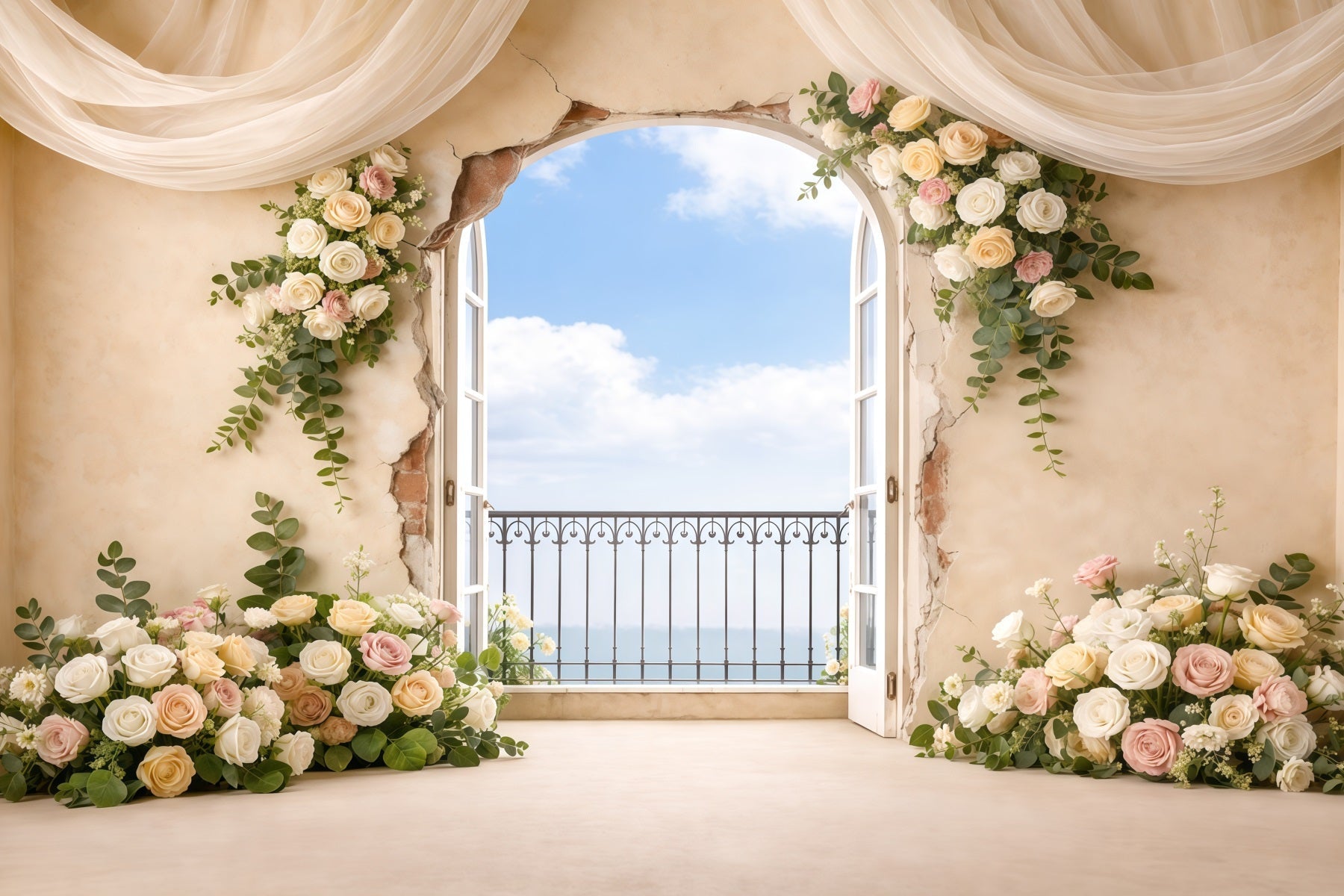 Pastel Retro Mother's Day Backdrop Vintage Window Balcony Floral Mothers Day Photo Backdrops UK LXX63-39