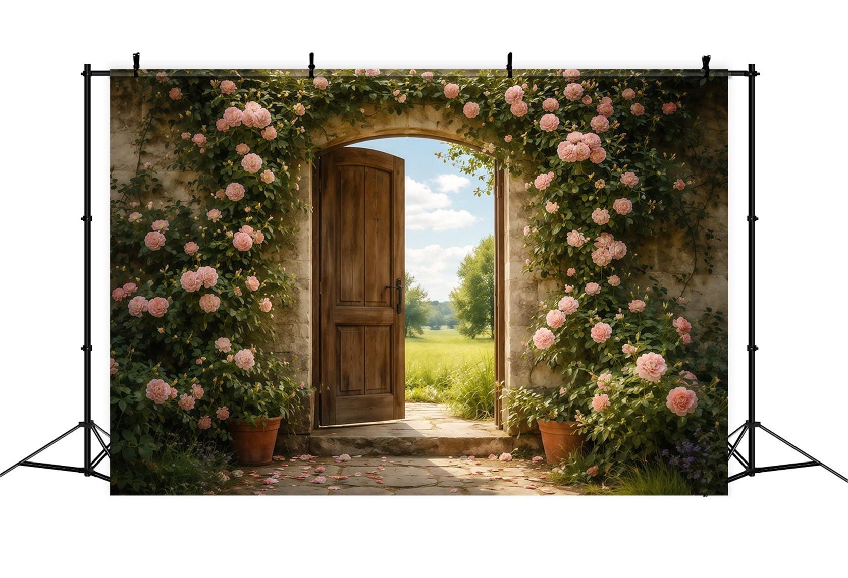 Mother's Day Portrait Backdrop Rustic Garden Door Pink Rose Mother's Day Backdrop UK LXX63-4