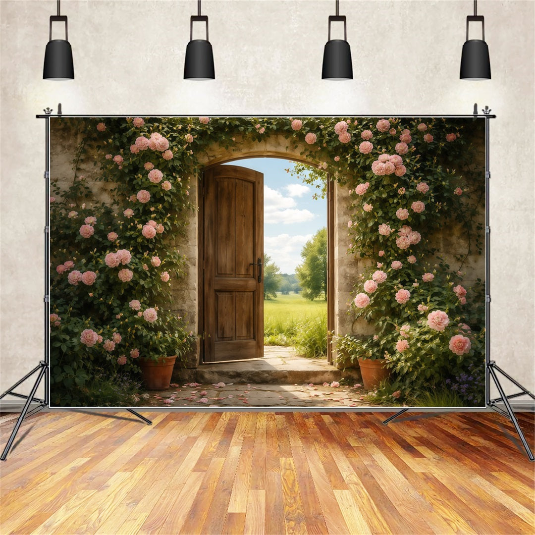 Mother's Day Portrait Backdrop Rustic Garden Door Pink Rose Mother's Day Backdrop UK LXX63-4