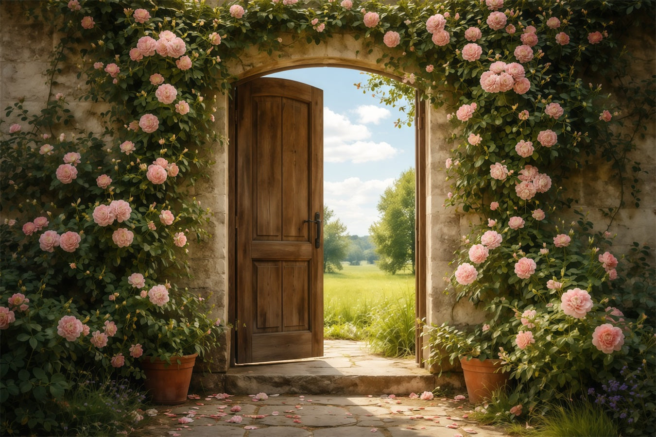 Mother's Day Portrait Backdrop Rustic Garden Door Pink Rose Mother's Day Backdrop UK LXX63-4