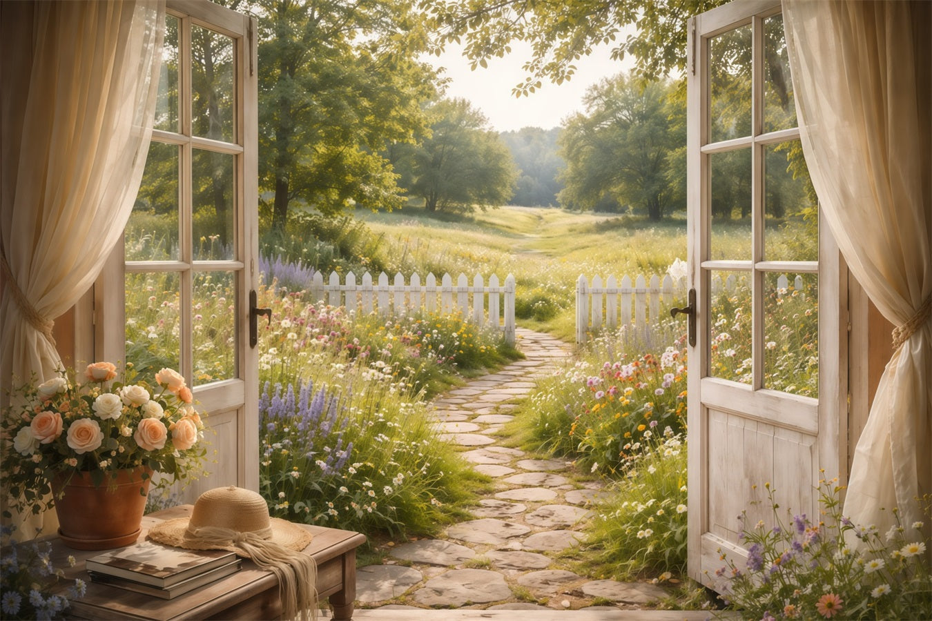 Farmhouse Chic Mother's Day Backdrop Sunlit Path Open Window View Mother's Day Picture Backdrop UK LXX63-42