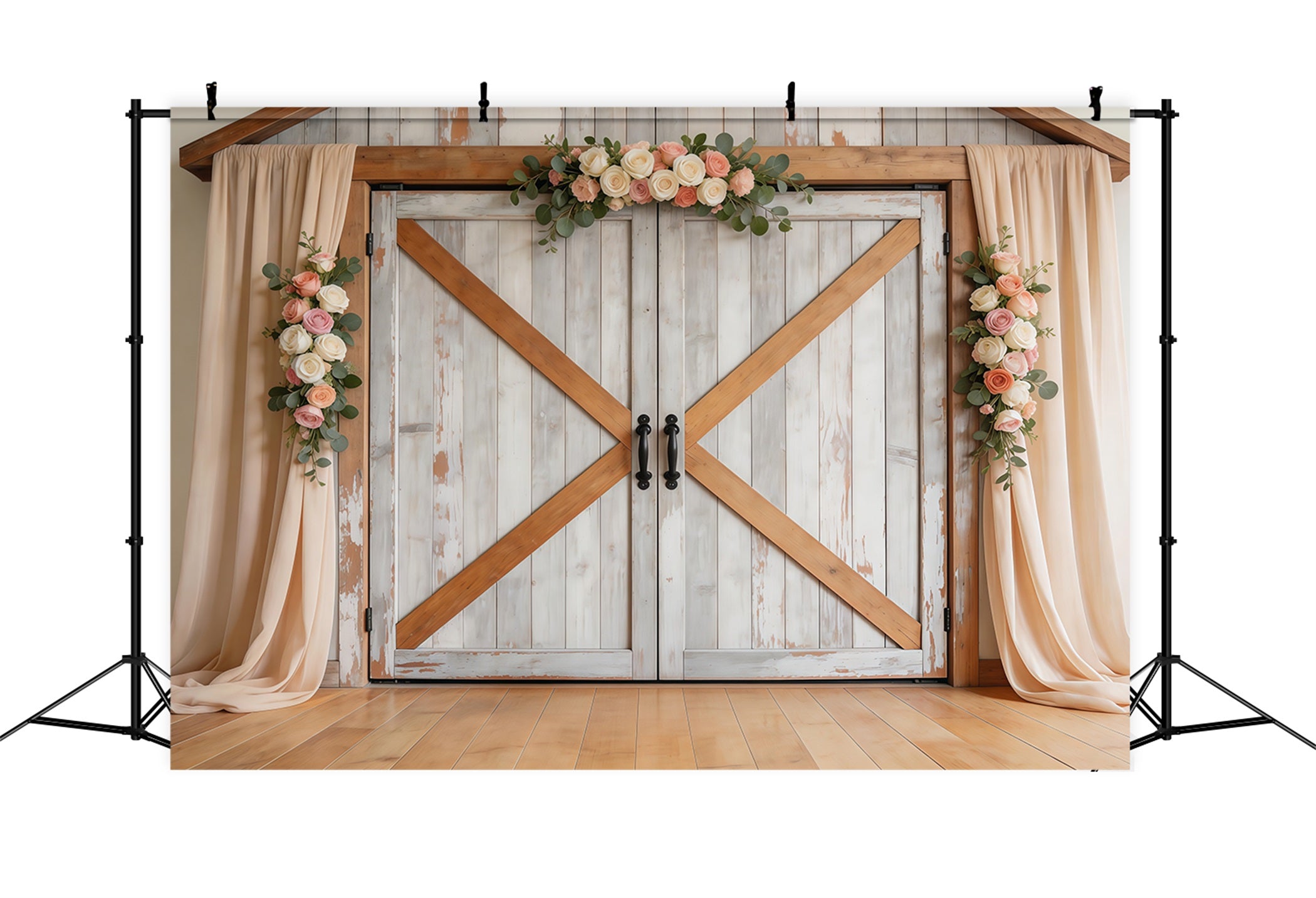 Farmhouse Chic Mother's Day Backdrop Rustic White Wooden Barn Door Mother's Day Picture Backdrop UK LXX63-43