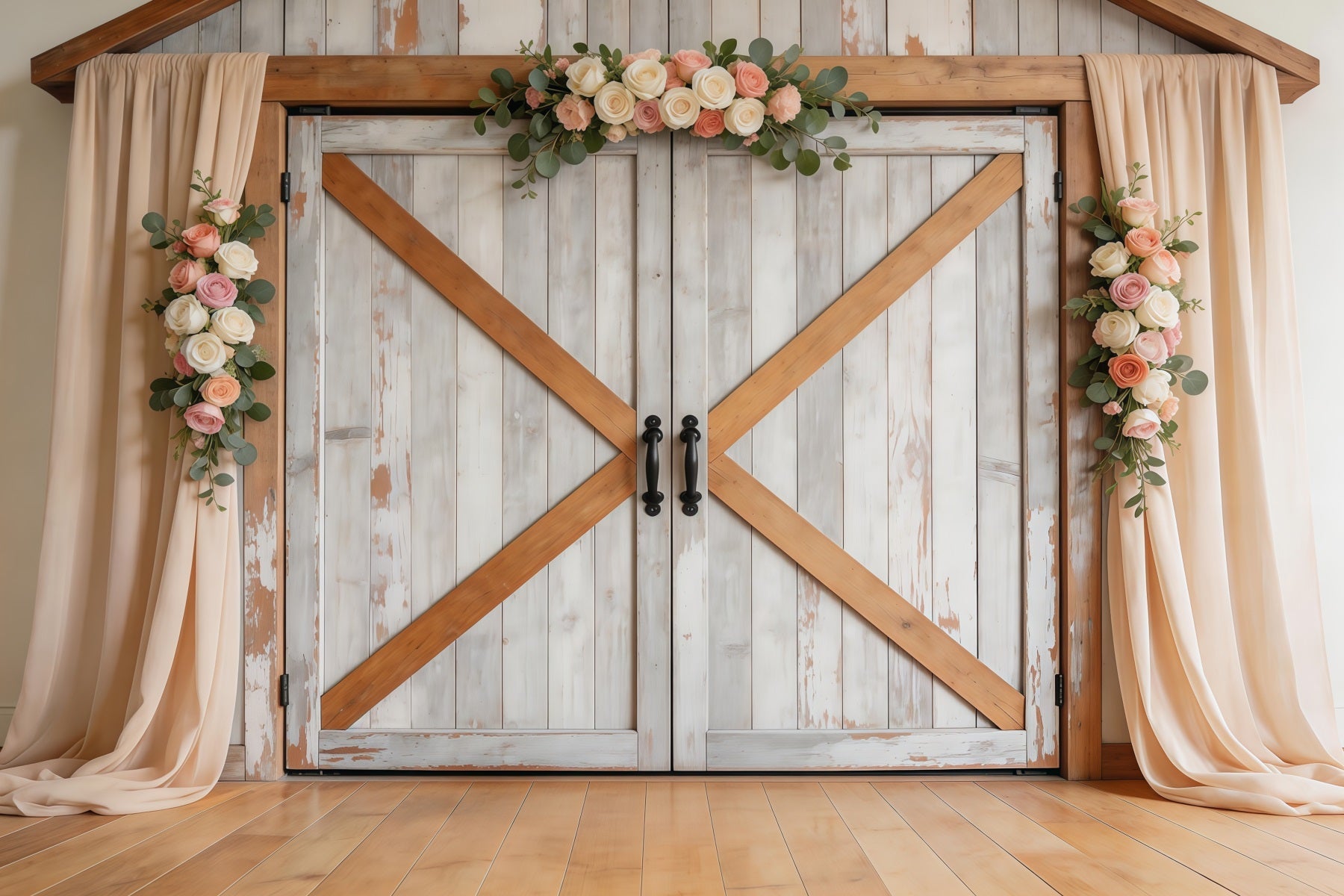 Farmhouse Chic Mother's Day Backdrop Rustic White Wooden Barn Door Mother's Day Picture Backdrop UK LXX63-43